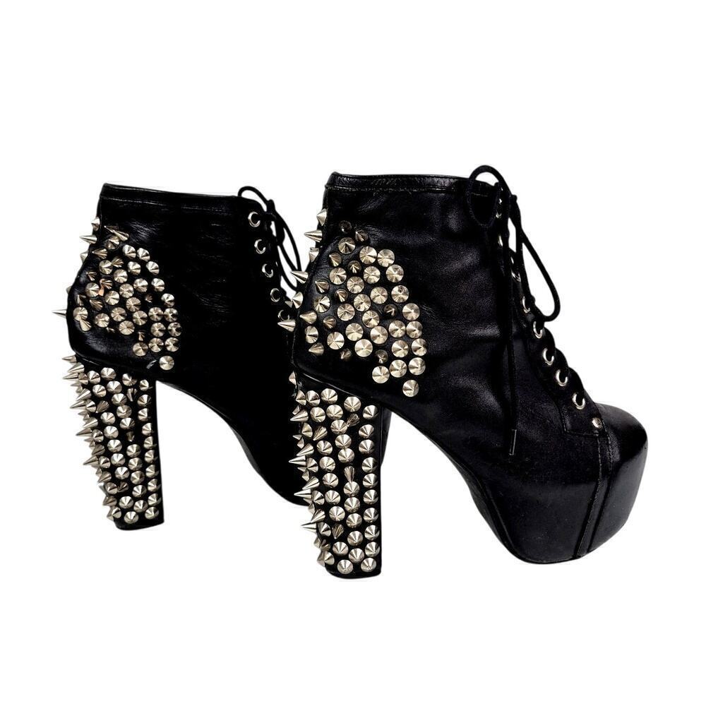 Spike Black Leather Silver Metal Spike Stud Platform Laceup Shoe Boots Sz 6.5 - Picture 6 of 16